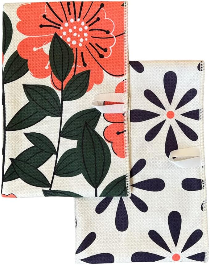 2 Pack Double Sided Kitchen Towels || Dish Towels || Quick Dry || Designer Prints || Highly Absorbent || Hanging Hook (Poppy)