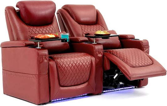 Home Theater Seating Seats, Theater Recliner Chair Sofa Game Movie Theater Chairs with 7 Colors Ambient Lighting, Lumbar Pillow, Side Pocket, Tray Table, Power Recline, Red