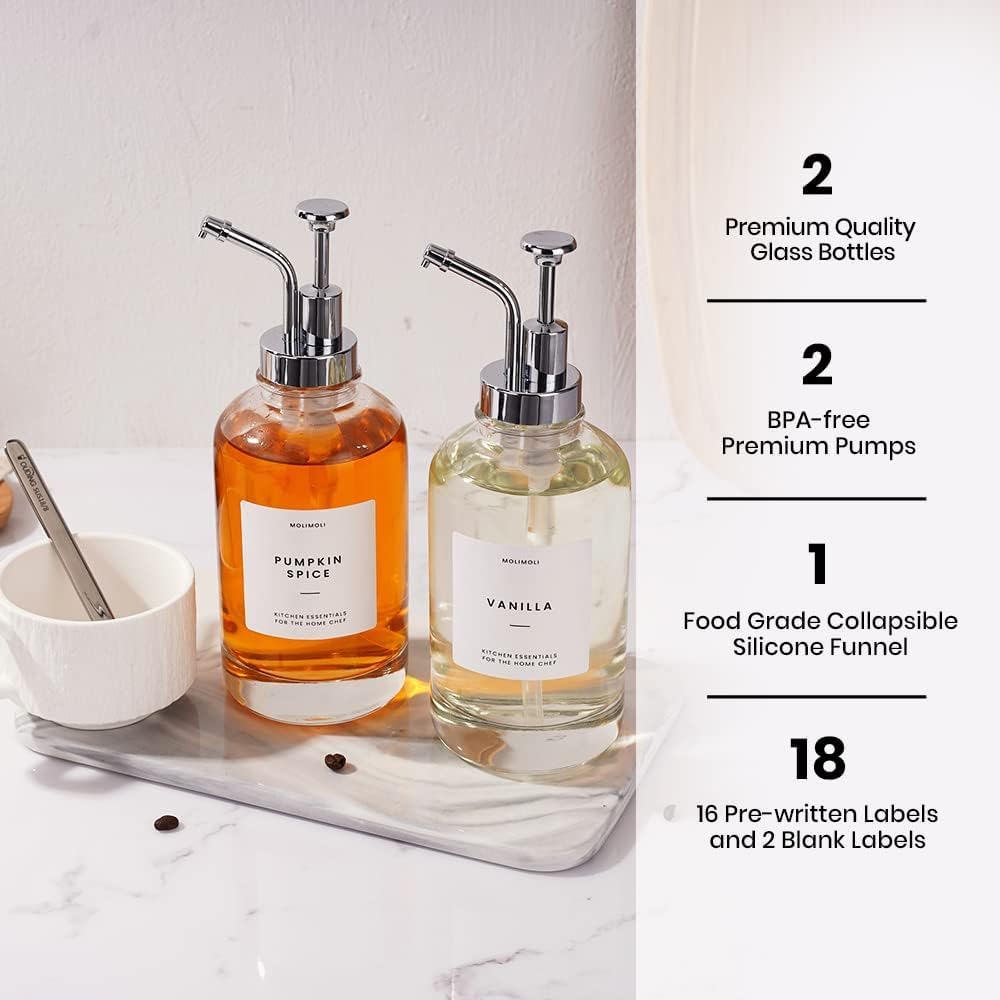 Molimoli Coffee Syrup Dispenser for Coffee Bar, Pump Dispenser, Glass Syrup Bottle w. Upgraded Pump, 16.9 oz 500 ml, Set of 2, Silver