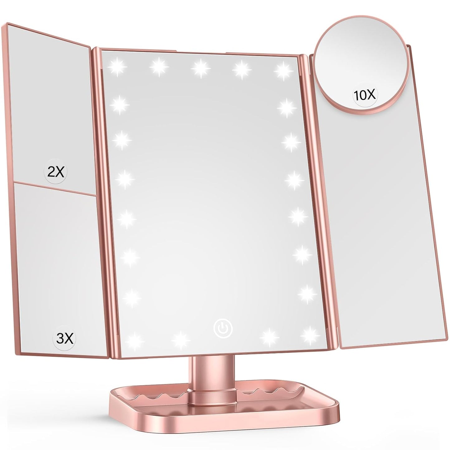 HUONUL Makeup Mirror, 10X 3X 2X Magnification, Lighted Makeup Mirror, Touch Control, Dual Power Supply, Portable LED Mirror, Women Gift (Rose Gold)