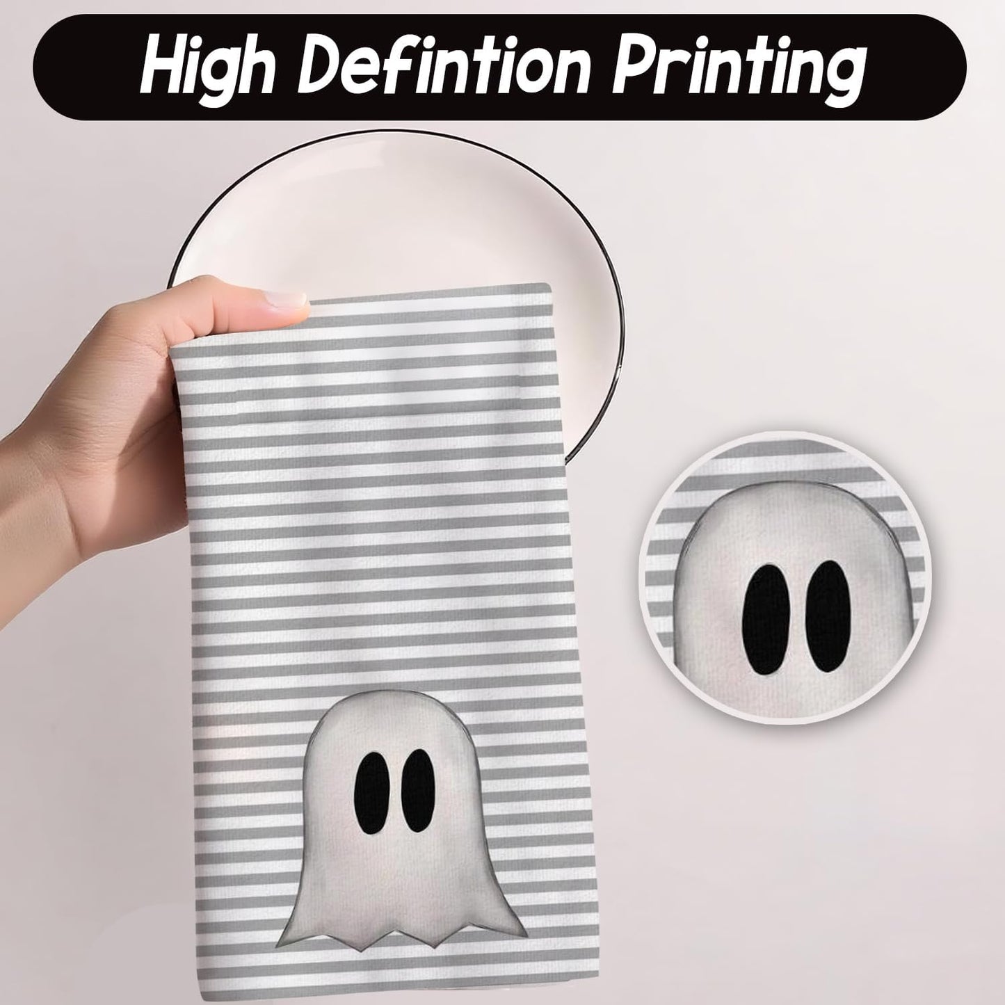 Ghost Boo Halloween Kitchen Towels Dish Towel, Stripes Decoration Hand Towels, Hand Drying Tea Towel for Halloween Baking Cooking Home Kitchen Decor Housewarming Gift Set of 2, 18x26 Inch