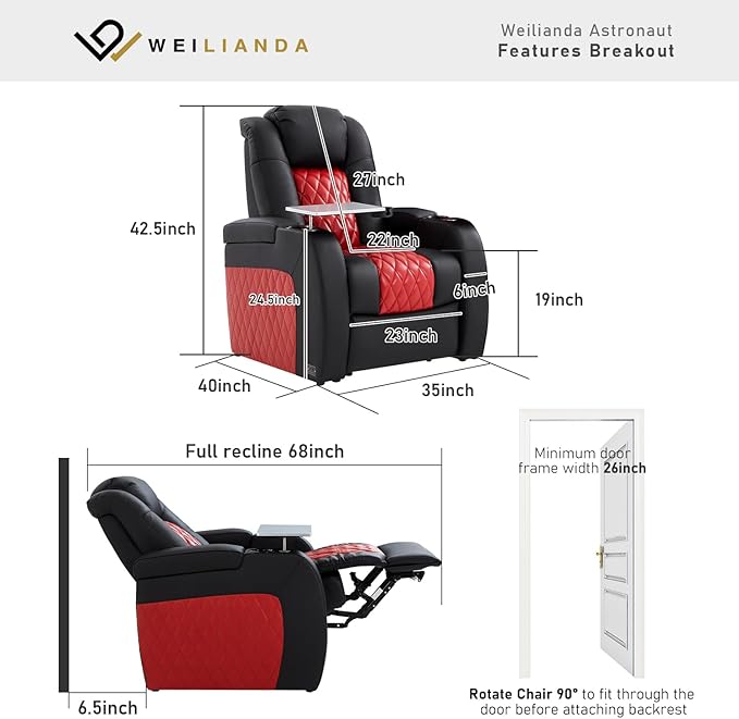 Home Theater Seating, Top Grain Leather Movie Seats Recliner Chair, Zero Gravity Reclining Gaming Sofa with Power Headrest 7 Colors Ambient Lighting Single Seat Black Dark Red