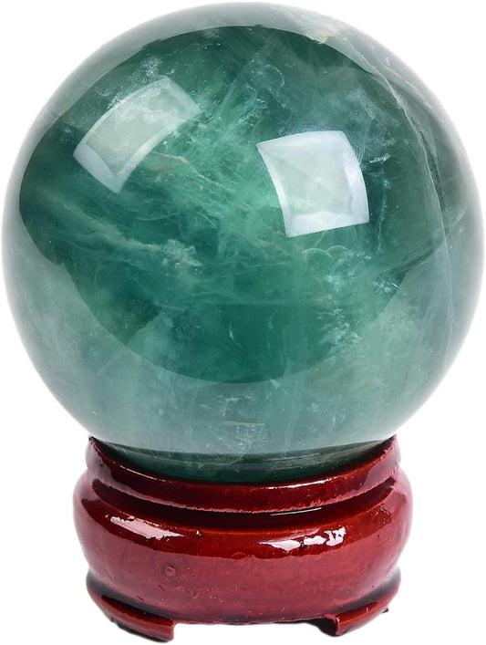 JIC Gem Small Natural Fluorite Crystal Ball Green Purple Quartz Healing Gemstone Sphere with Decorative Wooden Stand for Meditation,Home Decoration Christmas Day Gifts (60-70mm)