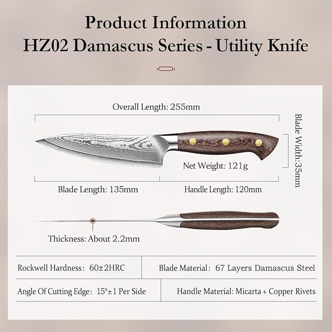 HEZHEN 5.3 Inches All Purpose Kitchen Knife with Sheath, 67 Layers Damascus Steel Kitchen Utility Knife for Cooking Preparation, Petty Knife, Micarta Handle,Gift Ready