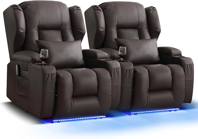 Wall Hugger Power Recliner Chair, Home Theater Seating Electric Recliing Sofa with Massage & Heat, Cup Holder, USB Port, LED Ambient Light, Storage for Living Room (Brown, 2 Chairs)