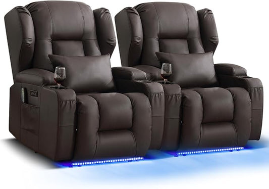 Wall Hugger Power Recliner Chair, Home Theater Seating Electric Recliing Sofa with Massage & Heat, Cup Holder, USB Port, LED Ambient Light, Storage for Living Room (Brown, 2 Chairs)