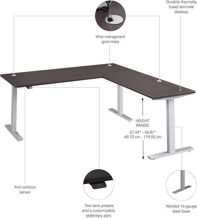 Bush Business Furniture 72-inch Height Adjustable L Shaped Standing Desk, Electric Sit-Stand Corner Computer Table, Ergonomic Office, Move 60 Series, Storm Gray with Metallic Gray Base
