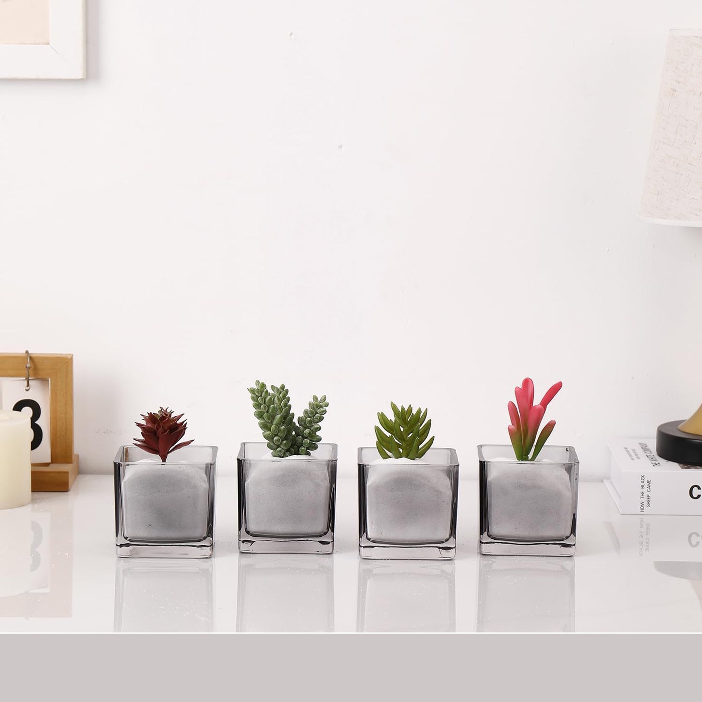 Square Flower Vases Set of 4, 3"x 3"x 3" Glass Vases for Centerpieces, Grey Vase for Flowers, Small Vase for Wedding, Party, Home Office Decoration