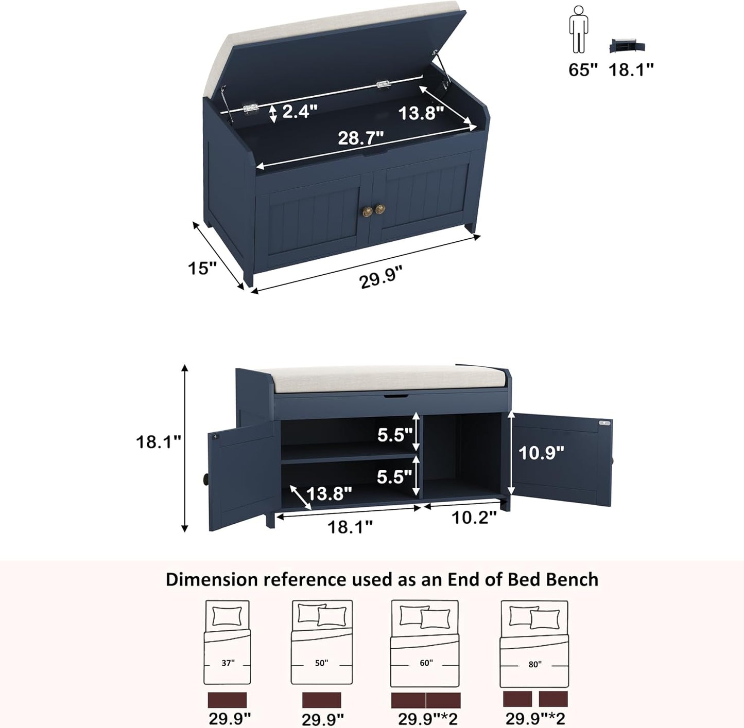 HOMEFORT 30" Shoe Bench with Lift Top Storage, Entryway Bench with Cushioned Seat, Wooden End of Bed Bench, Shoe Cabinet Bench with Hidden Storage Space, for Bedroom, Hallway, Blue