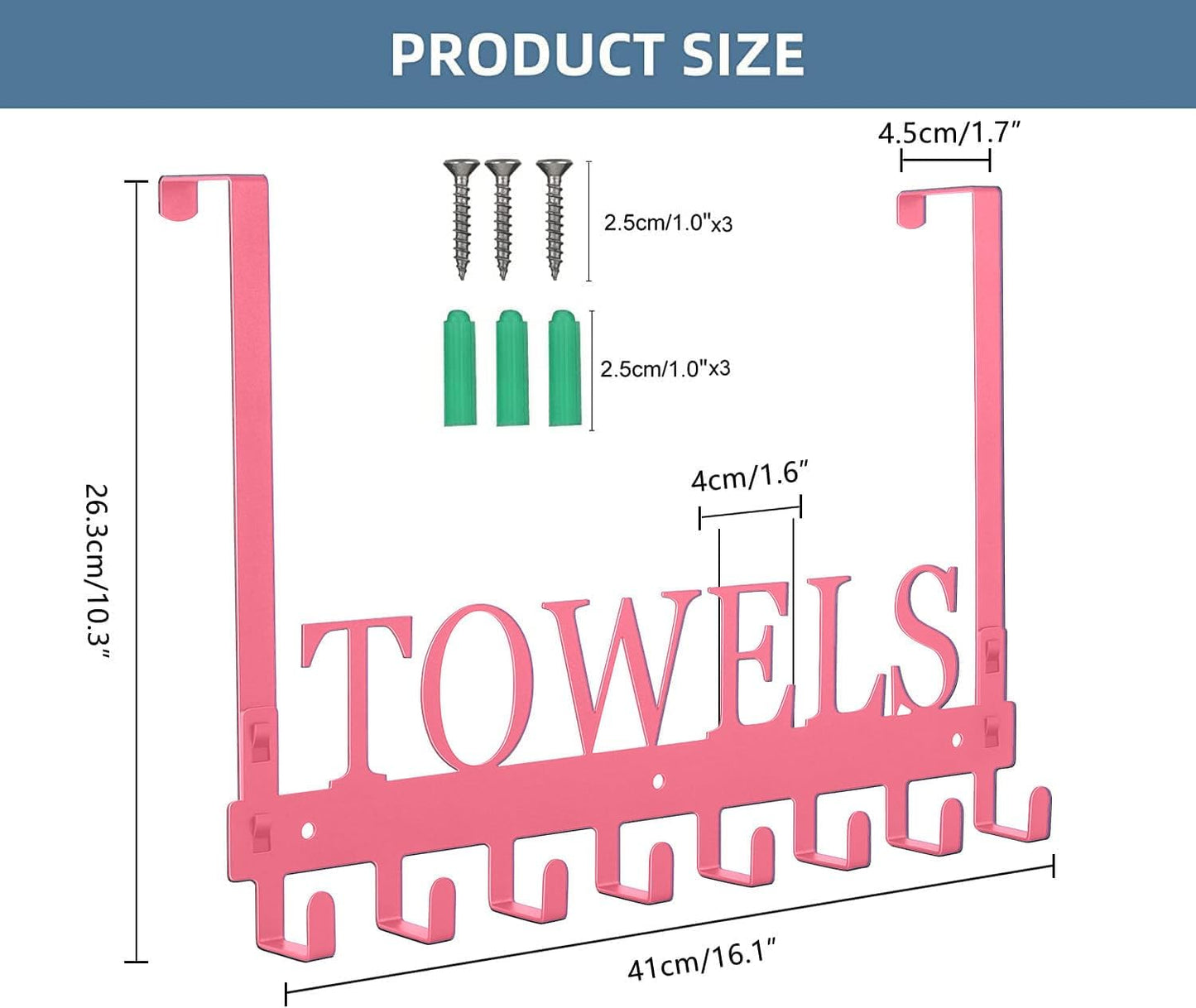 Over The Door Hooks - Wall Mount Towel Hanger with 8 Hooks for Bedroom Bathroom Pool Kitchen Towels, Bag, Coats - Pink