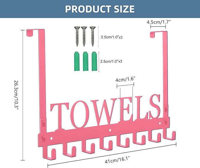 Over The Door Hooks - Wall Mount Towel Hanger with 8 Hooks for Bedroom Bathroom Pool Kitchen Towels, Bag, Coats - Pink