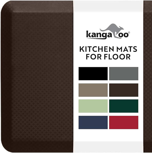 KANGAROO Thick Ergonomic Anti Fatigue Mats for Kitchen Floor, 48x20, Cushioned Standing Office Desk Mat, Waterproof Scratch Resistant Topside, Supportive All Day Comfort Padded Foam Rugs, Brown