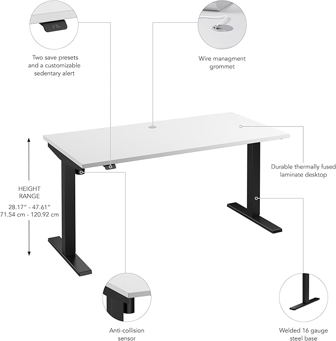 Bush Business Furniture 60-inch Electric Height Adjustable Standing Desk, Ergonomic Sit-Stand Computer Table for Home and Professional Office, Move 40 Series, White with Black Base