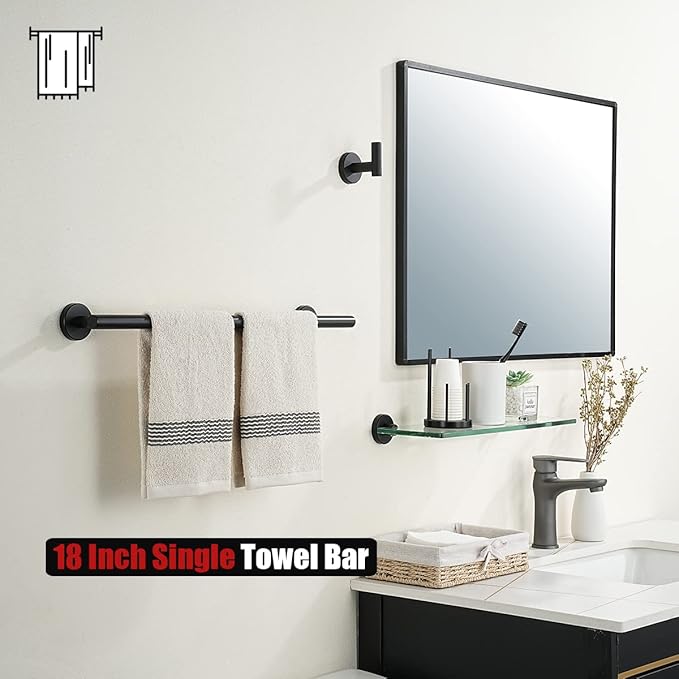 JQK Black Towel Bar, 20.5 Inch 304 Stainless Steel Thicken 0.8mm Towel Rack Bathroom, Towel Holder Matte Black Wall Mount, Useable Length 18 Inch 2 Pack, TB110L18-PB-P2