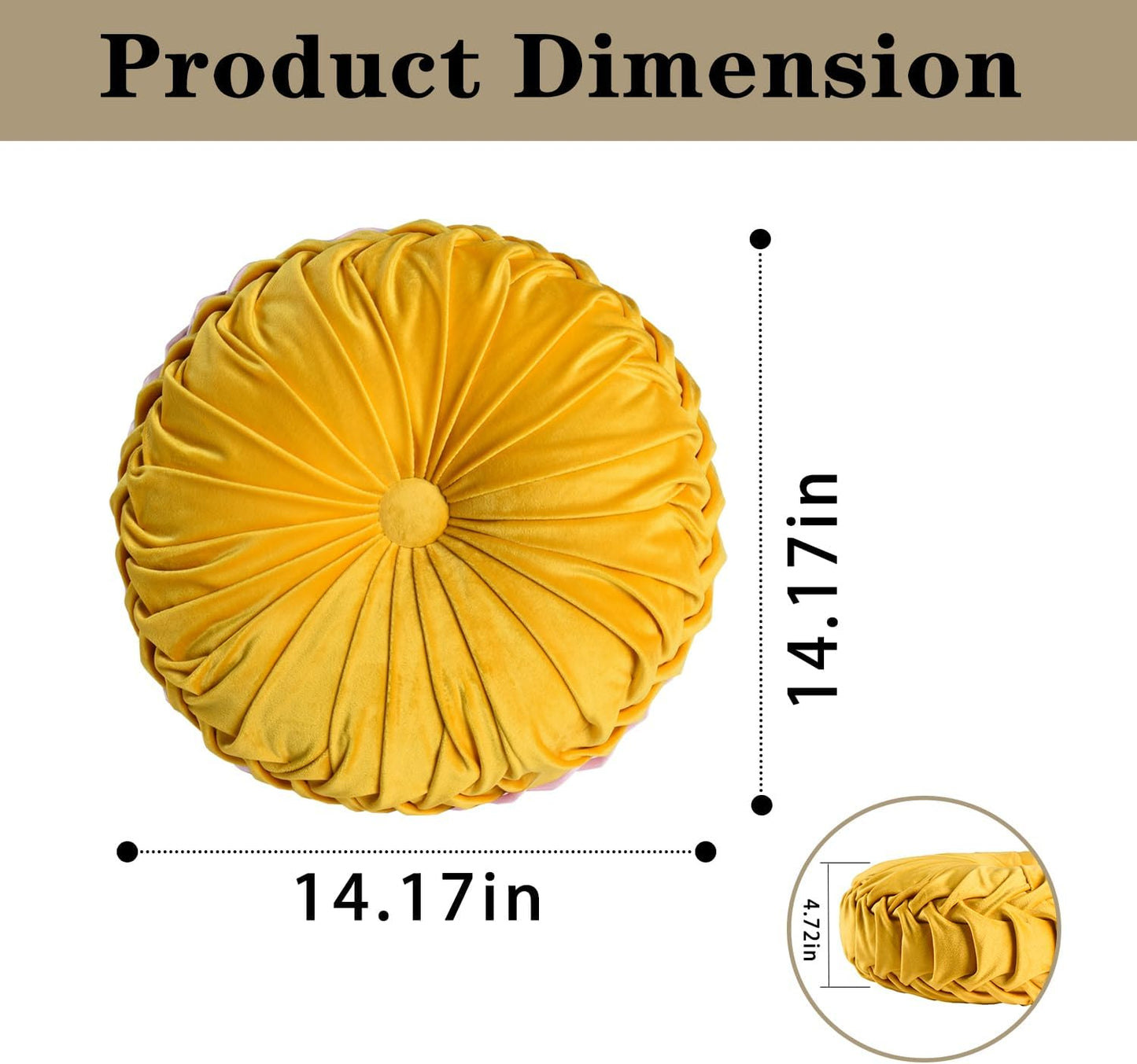HIG Set of 2 Yellow Ruched Velvet Round Throw Pillows – 14.5’’ Decorative Pillows with Soft Polyester Filling for Couch, Bed, Living Room, Bedroom, or Dorm – Handmade, Stress Relieving, All-Season