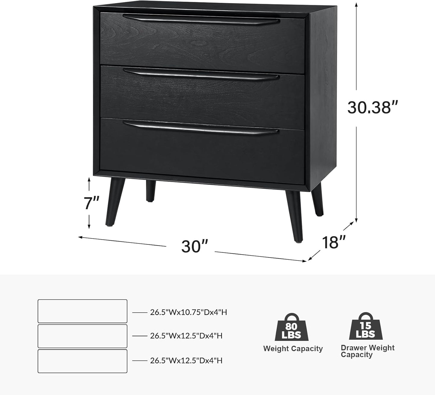 HULALA HOME Mid-Century Modern Nightstand, 3-Drawers Nightstand with Charging Station(Black)
