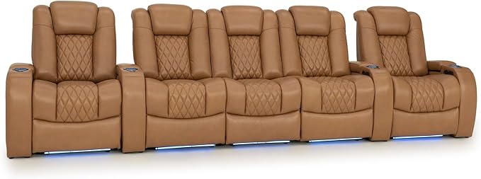 Seatcraft Diamante Zero-Gravity CoolZero Italian Leather Home Theater Seating, Power Headrest, Power Recline, Row of 5 Middle Sofa, Tan Oak