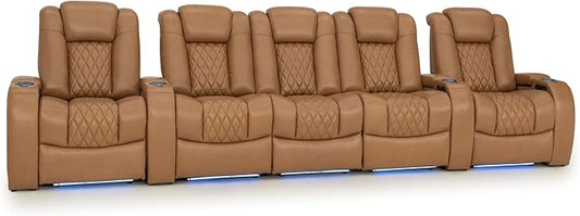 Seatcraft Diamante Zero-Gravity CoolZero Italian Leather Home Theater Seating, Power Headrest, Power Recline, Row of 5 Middle Sofa, Tan Oak