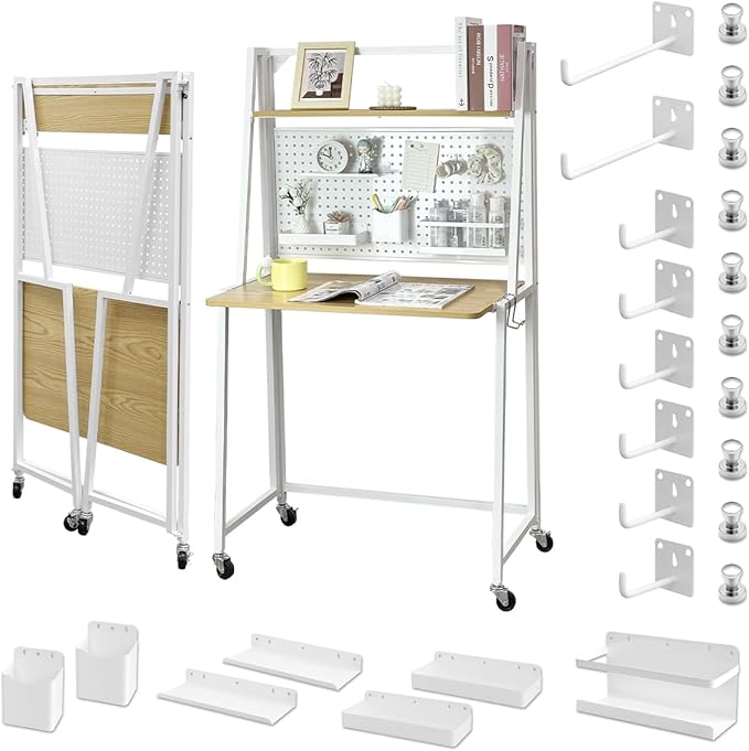 lumizone Folding Desk with Pegboard Collapsible Desk 29" Home Office Desk No Assembly Required Folding Table with Hooks Boxes and Storage Accessories for Organizing (Nature-White+Accessories Set)