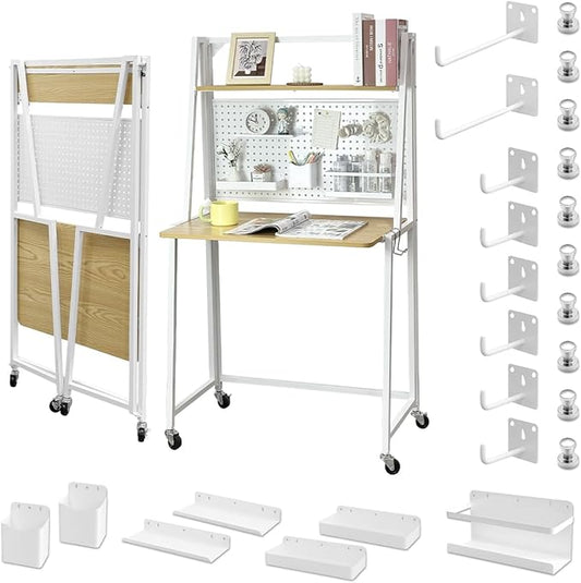 lumizone Folding Desk with Pegboard Collapsible Desk 29" Home Office Desk No Assembly Required Folding Table with Hooks Boxes and Storage Accessories for Organizing (Nature-White+Accessories Set)