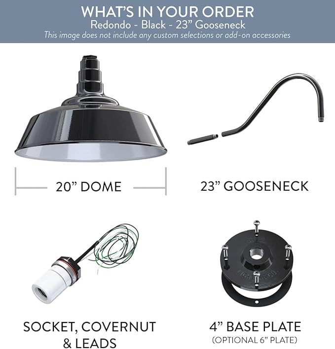 Steel Lighting Co. Redondo Barn Light | Outdoor Wall Mounted | 20 inch Dome | 23 inch Gooseneck | Large Farmhouse Warehouse Light Made in America | Black Exterior/White Interior