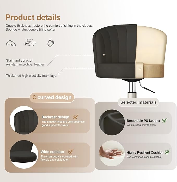 Small Desk Chair Round Rolling Chair with Back PU Leather Height Adjustable Swivel Vanity Work Computer Stool Chair for Home Office Bedroom