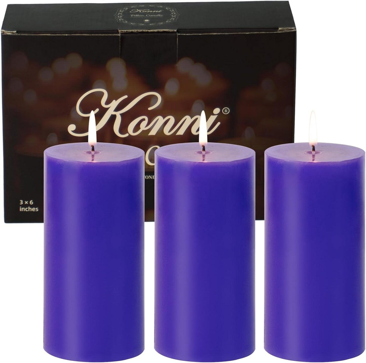 KONNI Violet Pillar Candles Set of 3, 3"x 6" Unscented Pillar Candles Bulk, 56 Hours Long Burning Candles, Smokeless and Dripless Large Round Candle for Wedding, Home Decoration, Parties, Spas, Dinner