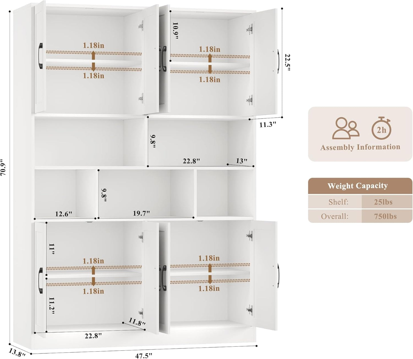 HORSTORS 71" Tall Storage Cabinet, Large Kitchen Cabinet with Deep Shelves and Doors, 47" Freestanding Display Shelf with Storage for Home Office, Living Room, White