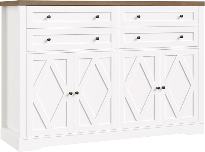 HOSTACK 55" Coffee Bar with 4 Large Drawers, 40" Tall Buffet Cabinet with Storage, Kitchen Storage Cabinet, Modern Farmhouse Sideboard Buffet, Adjustable Shelves for Living Room, White