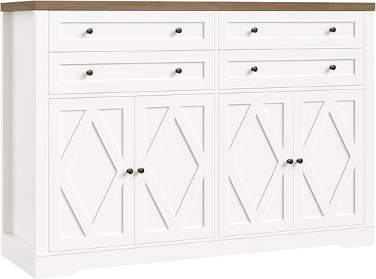 HOSTACK 55" Coffee Bar with 4 Large Drawers, 40" Tall Buffet Cabinet with Storage, Kitchen Storage Cabinet, Modern Farmhouse Sideboard Buffet, Adjustable Shelves for Living Room, White