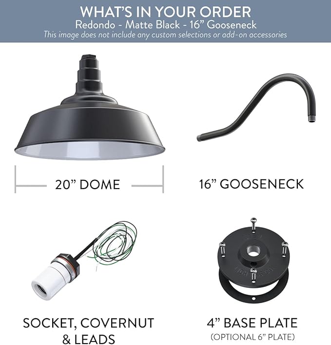 Steel Lighting Co. Redondo Barn Light | Outdoor Wall Mounted | 20 inch Dome | 16 inch Gooseneck | Large Farmhouse Warehouse Light Made in America | Matte Black Exterior/White Interior