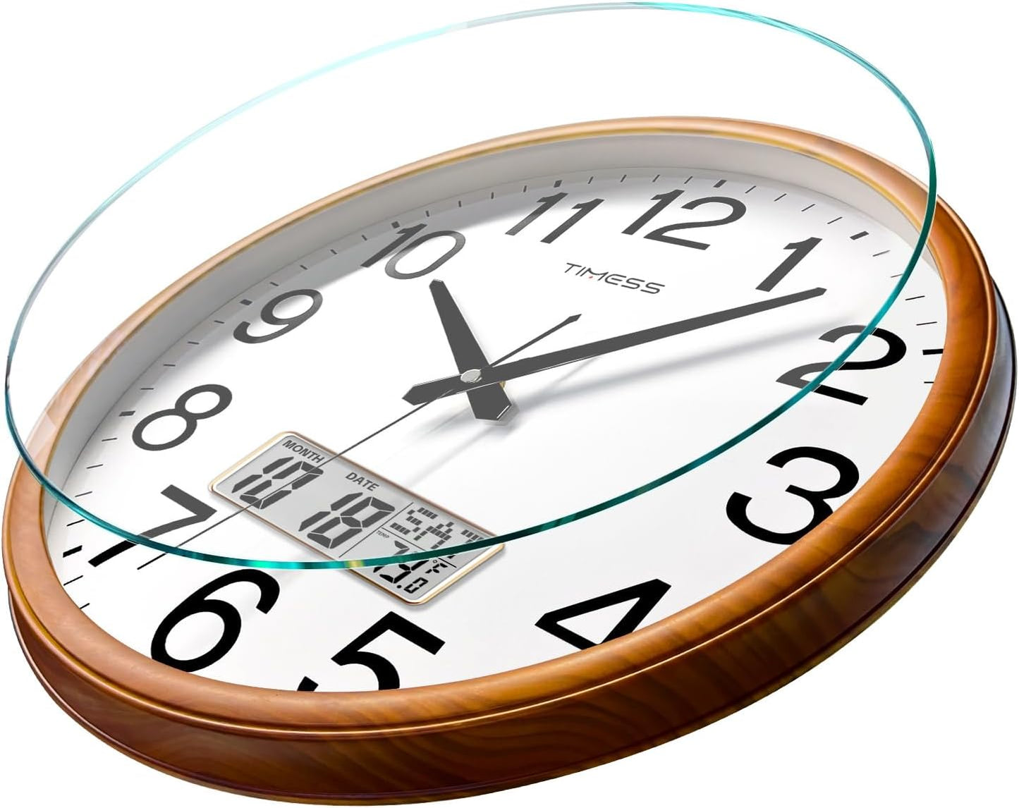 Wall Clock, Classic Wood Style Finish, 13 Inch Non-Ticking Silent Battery Operated Quartz Analog with Perpetual Calendar and F° Temperature Display, Home, Office Décor (Chestnut Yellow)