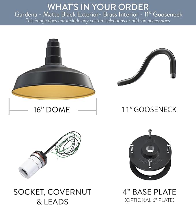 Steel Lighting Co. Gardena Barn Light | Outdoor Wall Mounted | 16" Dome | 11" Gooseneck | Farmhouse Light Made in America | Matte Black Exterior/Brass Interior