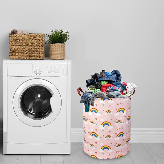 Pink Rainbow Laundry Hamper,Baby Nursery Hamper,Kids Toy Storage Basket for Girls Bedroom,Gift Basket,Room Decor(Rainbow)