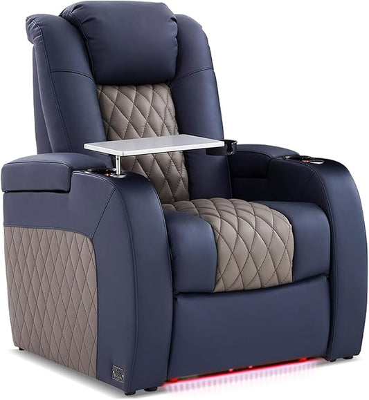 Home Theater Seating, Top Grain Leather Movie Seats Recliner Chair, Zero Gravity Reclining Gaming Sofa with Power Headrest 7 Colors Ambient Lighting Single Seat Blue Grey