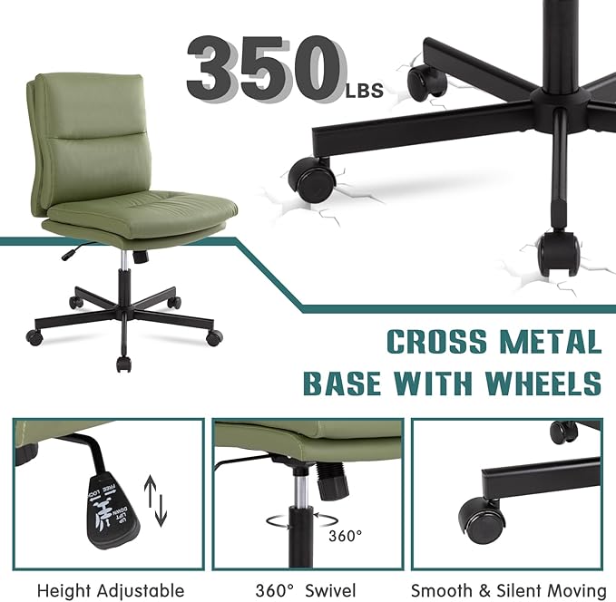 LUCKWIND Armless Office Desk Chair with Wheels, Mid-Back Criss Cross Swivel Task Chair, Height Adjustable Cushioned Vanity Chair, Double Padded PU-Leather Chairs for Home, Office & Bedroom (Green)