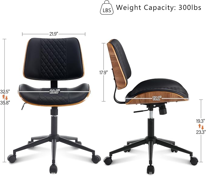 BV Small Desk Chair, Mid Century Office Chair with Bentwood Back, Armless Task Swivel Chair with Wheels, Mid Back No Arms, Faux Leather Office Chairs for Small Space, Black