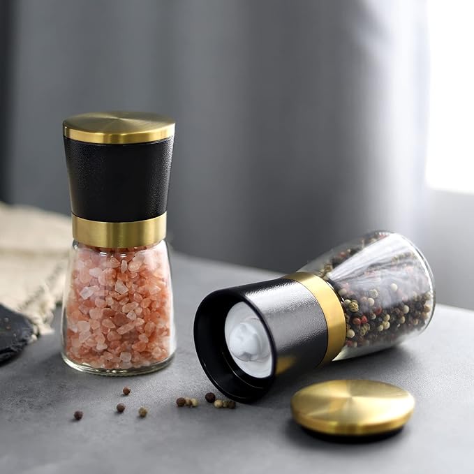 VEVOK CHEF Gold Salt and Pepper Grinder Set Stainless steel Salt and Pepper Mill Set Ceramic Adjustable Coarseness Spice Grinder Refillable Sea Salt Shaker Home Kitchen Decor