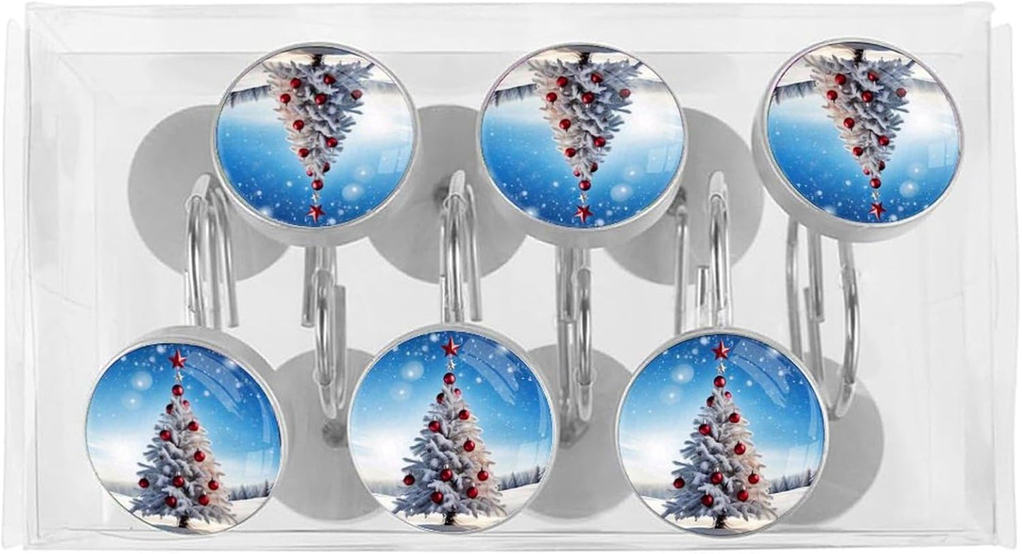 Christmas Tree Shower Curtain Hooks 12 Pcs, Xmas Tree Rust Proof Glass Surface Stainless Steel Curtain Rings for Bathroom Bedroom Living Room Kitchen Home Shower Rods Decor