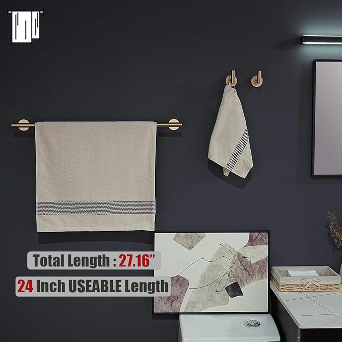 JQK Champagne Bronze Towel Bar, 27 Inch 304 Stainless Steel Thicken 0.8mm Towel Rack Bathroom, Towel Holder Wall Mount, Useable Length 24 Inch, TB110L24-CB