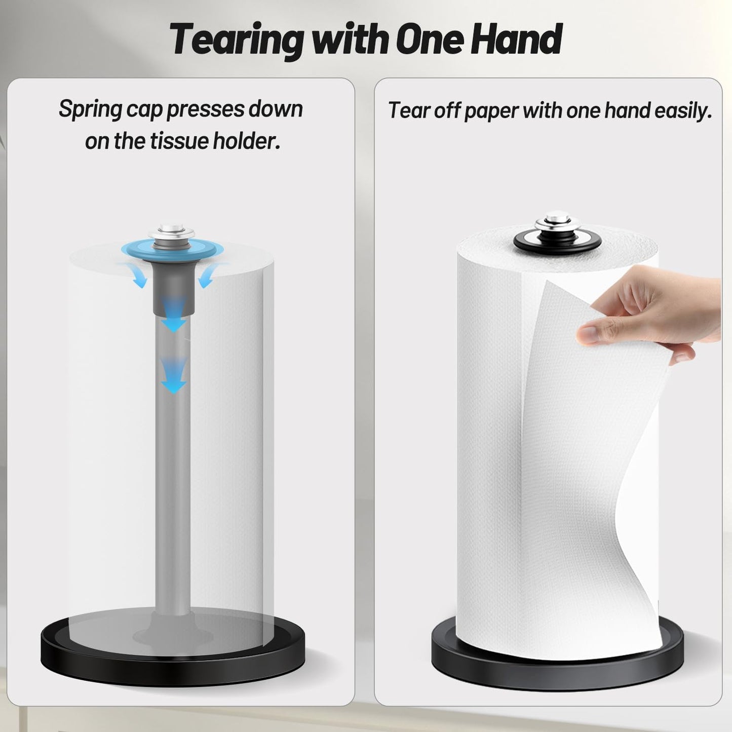 VEHHE Paper Towel Holder Countertop, Black Paper Towel Holder Stand with Spring Damping for Kitchen Bathroom, One Hand Tear Paper Stainless Steel Paper Towel Holder with Weighted Base and Suction Cups