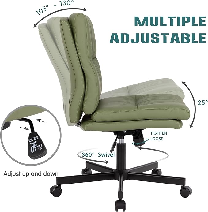 LUCKWIND Armless Office Desk Chair with Wheels, Mid-Back Criss Cross Swivel Task Chair, Height Adjustable Cushioned Vanity Chair, Double Padded PU-Leather Chairs for Home, Office & Bedroom (Green)
