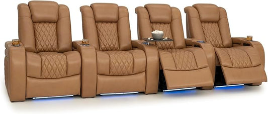 Seatcraft Diamante Zero-Gravity CoolZero Italian Leather Home Theater Seating, Power Headrest, Power Recline, Row of 4, Tan Oak