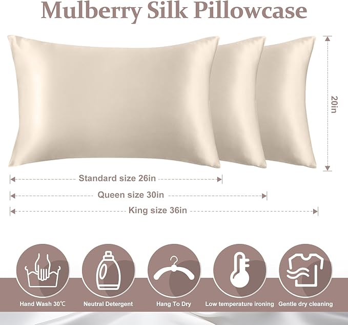 2 Pack 100% Pure Silk Pillowcase for Hair and Skin, Both Sides Mulberry Silk Pillowcases with Hidden Zipper, Cooling Pillowcase 19 Momme, 600 Thread Silk Pillow Cases Queen Size, Beige