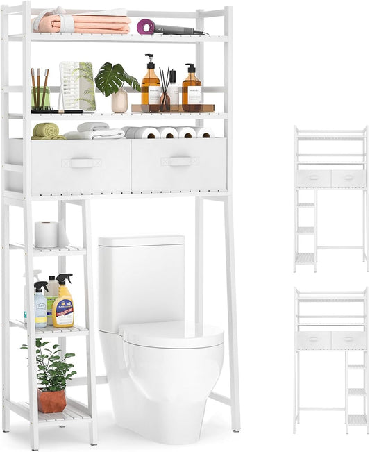 Homykic Over The Toilet Storage Shelf with 2 Fabric Drawers, Bamboo Above Toilet Organizer Tower Rack with Toilet Paper Holder Stand, Bathroom Space Saver, Mass Storage, No Rust, White