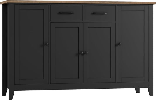 HORSTORS 55" Buffet Cabinet with Storage, Kitchen Buffet Sideboard with Drawers, Large Storage Cabinet with Doors and Shelves, Modern Farmhouse Coffee Bar for Kitchen, Dining Room, Living Room, Black