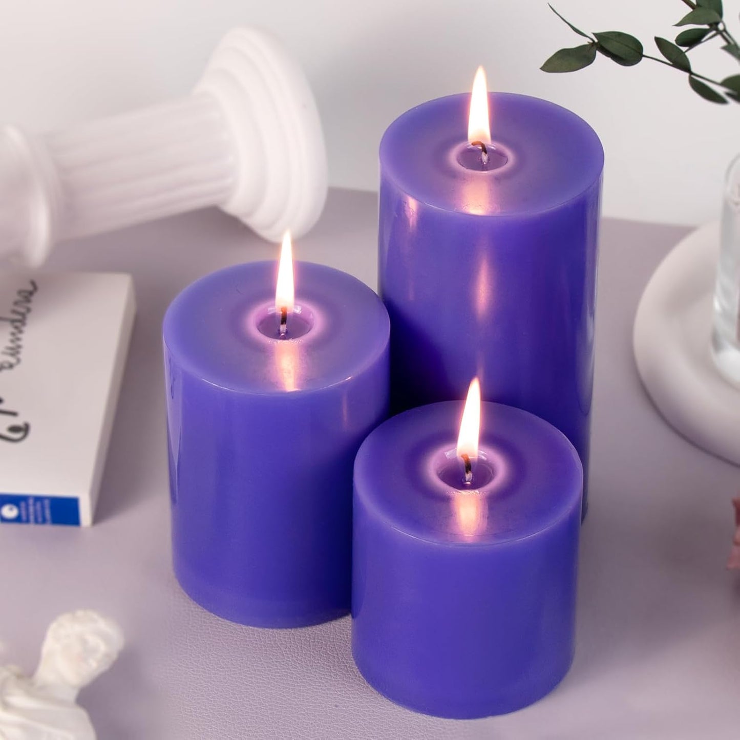 KONNI Violet Pillar Candles Set of 3, 3"x 6" Unscented Pillar Candles Bulk, 56 Hours Long Burning Candles, Smokeless and Dripless Large Round Candle for Wedding, Home Decoration, Parties, Spas, Dinner