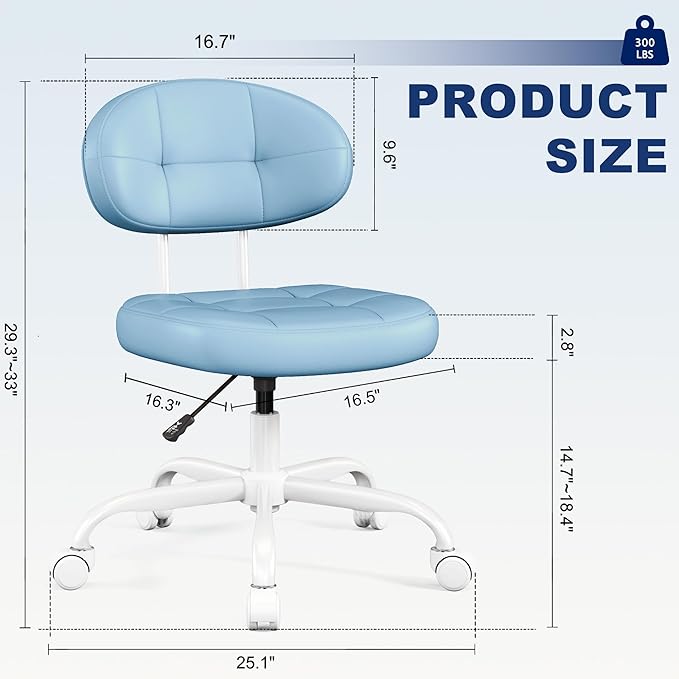Misolant Vanity Chair with Back, Small Armless Cute Office Chair with Wheels and Lumbar Support, Comfy PU Leather Desk Computer Chairs with Adjustable Height, 360°Swivel for Home Bedroom Office, Blue