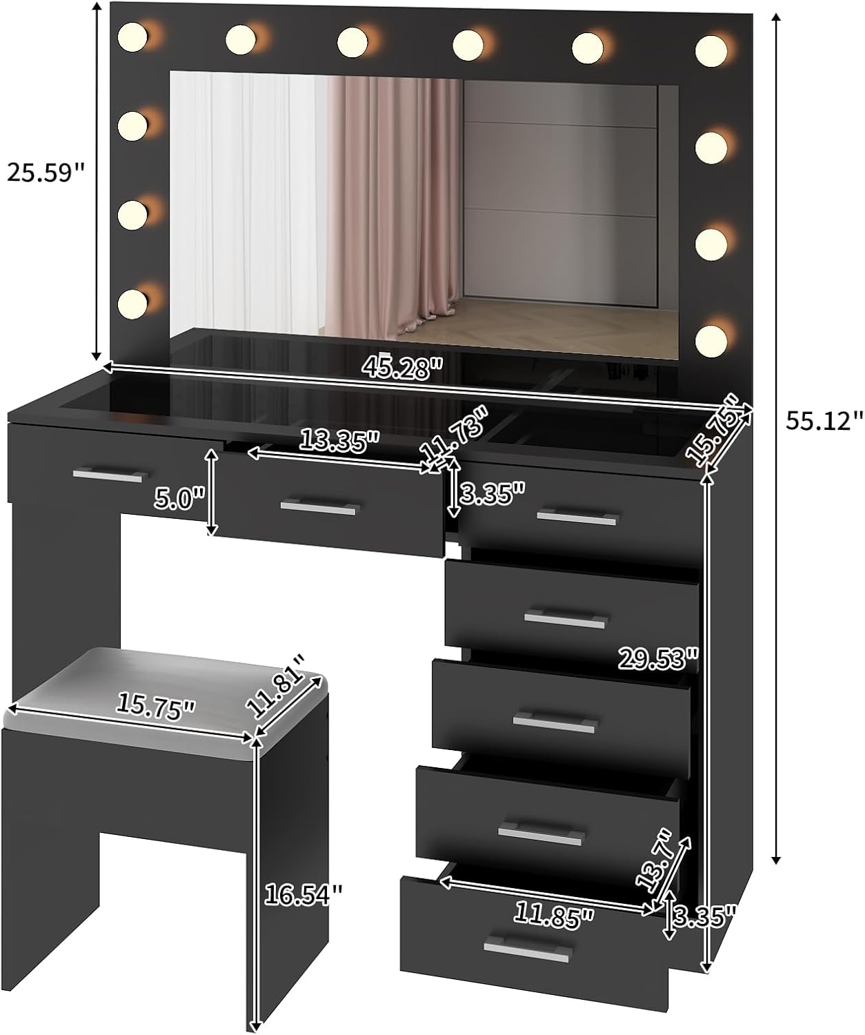 Karl home Vanity Desk with Large Lighted Mirror & Powre Outlet, Glass Tabletop Makeup Vanity Set with 7 Drawers, 45.3" Vanity Table with 3 Color Lighting Modes, Dressing Table for Women Girls, Black