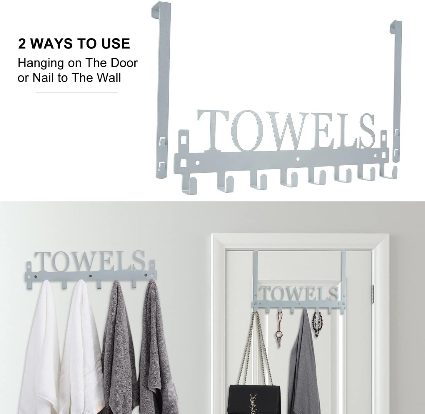 Over The Door Hooks, Heavy Duty Wall Mount Towel Hanger with 8 Hooks for Bedroom, Bathroom, Kitchen Towels, Silver